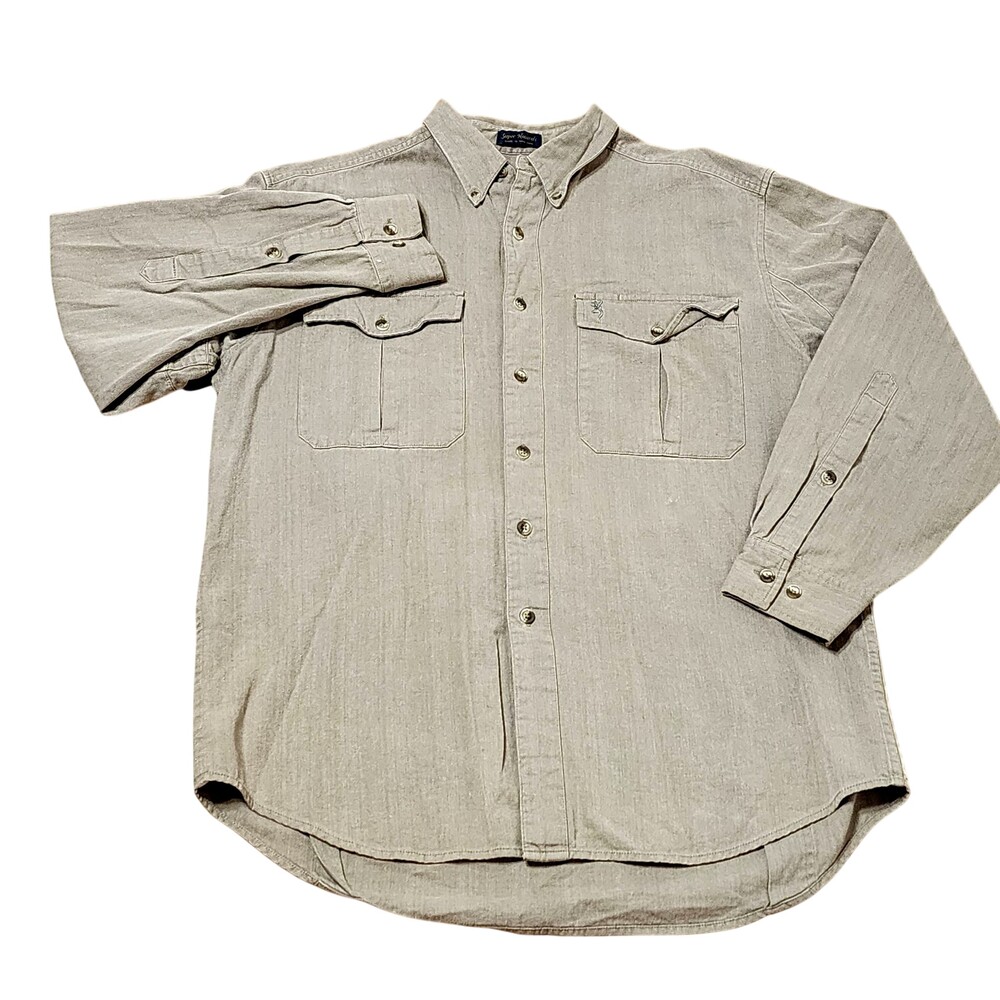 Vintage Browning Shirt Mens Large Beige Herringbone Twill Button Long Sleeve